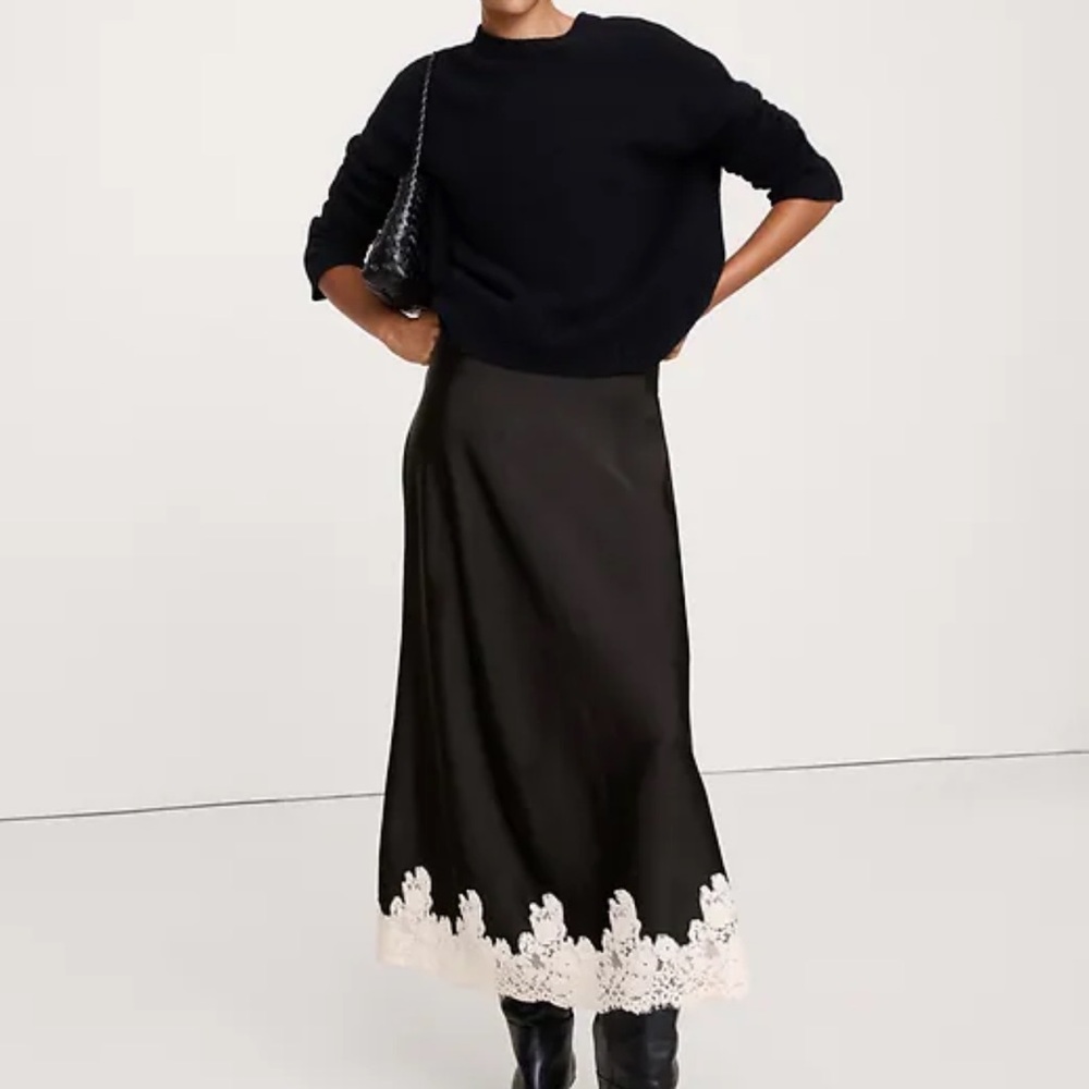 NWT Banana Republic Stretch-Satin Lace-Hem Midi Skirt, S